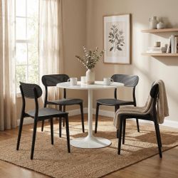 Homy Casa Clift 5PC Dining Set 31.5” White Round Dining Table with 4 Gadgetbloke Black PP Dining Chairs