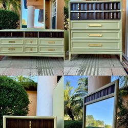 Rare Stanley Walnut Mid Century Modern 4 Pc Dresser Set, MCM Dresser Set