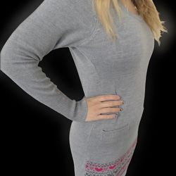 Women's Heather Grey Knit Tunic Sweater with Pink Fair Isle Accent
