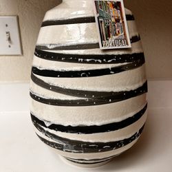 12 inch Cermaic White Vase with Grey Stripes