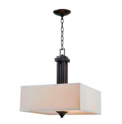 Manor Brook, Oil Rubbed Bronze Dimmable Pendant | White Fabric Square Drum 