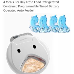 Automatic Cat Feeder Wet Food with 4 Ice Packs, 4 Meals Per Day Fresh Food Refrigerated Container, Programmable Timed Battery Operated Auto Feeder
