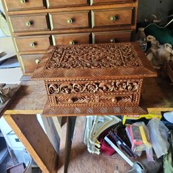 Vintage Wooden Hand Carved Jewelry Box