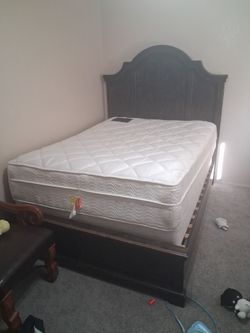 Dark Wood Bed Frame with Mattress and Box Spring