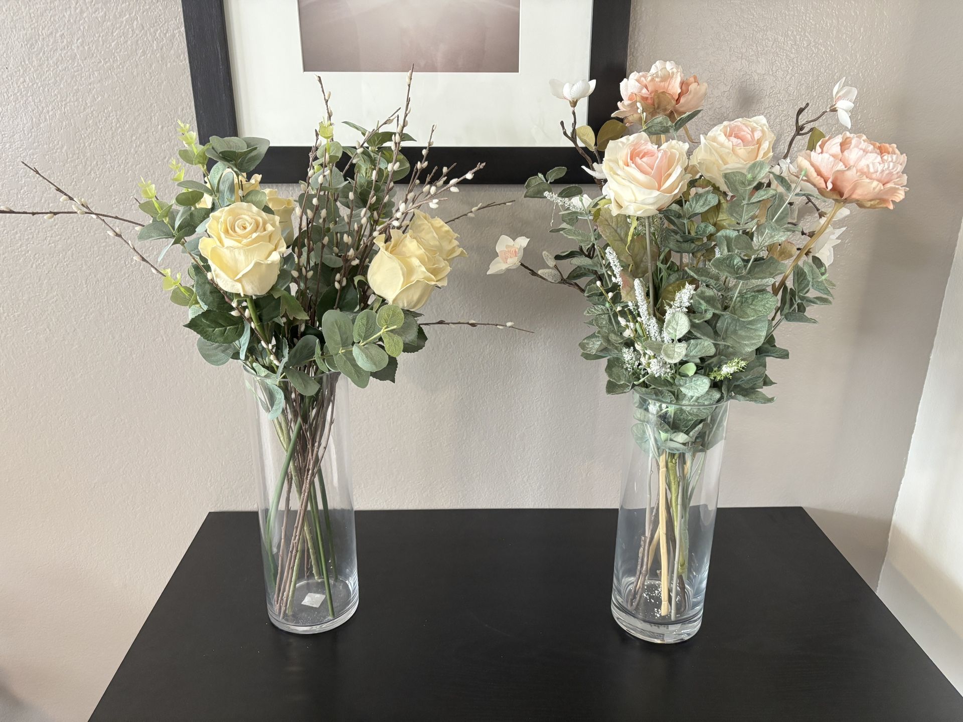 Two Glass Vases With Faux Flowers