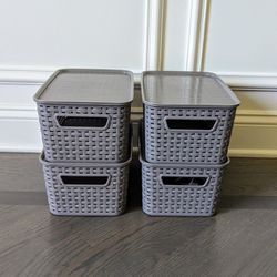 Lidded Storage Bins, Plastic Stackable Weaving Wicker Basket Containers, 4 Piece