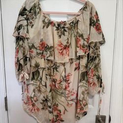 Janette Plus Cream Tan Flutter Sleeve Blouse