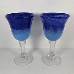 Hand Blown Stemmed Wine Glasses Goblets Cobalt Blue Two Tone Swirl Set of 2