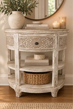 Distressed White Carved Wood Console Table – Boho/Farmhouse Entryway Table.