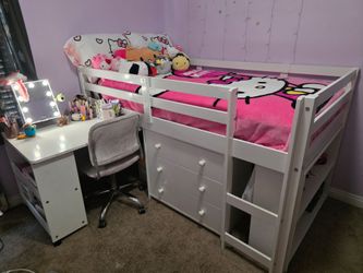 Twin Loft Bed with desk, drawers, and bookshelf