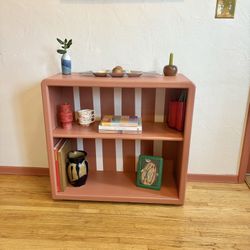 Modern Striped Pink & Terracotta Bookshelf/ Record Player Shelf