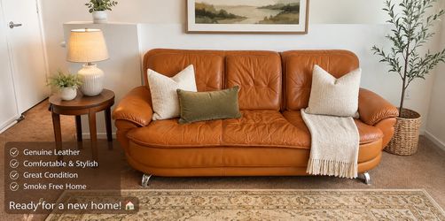 Vintage Cognac Leather Sofa – Mid-Century Modern Style
