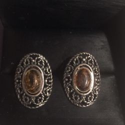 Vintage Sterling Silver And Amber Pierced Earrings NOS