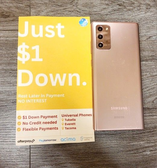 Samsung Galaxy Note 20 128gb Unlocked FREE Smartwach/ Headphones. Pay $1 Today Rest in payments. NO CREDIT NEEDED FINANCING