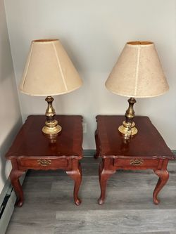 Pair of Brass Table Lamps with Beige Shades