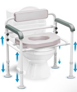 Adjustable Height Toilet Seat Riser with Extra Wide Soft Padded Seat Chair Toilet Potty for Seniors, Bariatric & Disabled, 350lbs,Toilet Seat with Han