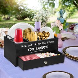 Black Wooden Dish Organizer with Drawer for Plates & Utensils