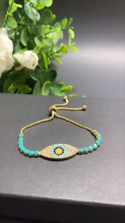 *NO FADE* Adjustable Sterling Silver Plated CZ Zircon Evil Eyes Charm Bracelet