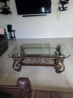 Elegant Wrought Iron & Glass Coffee Table – Marble-Style Shelf $125 OBO