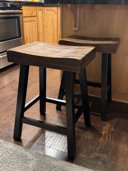 Set of 2 Solid Wood Saddle Seat Counter Stools, 25"