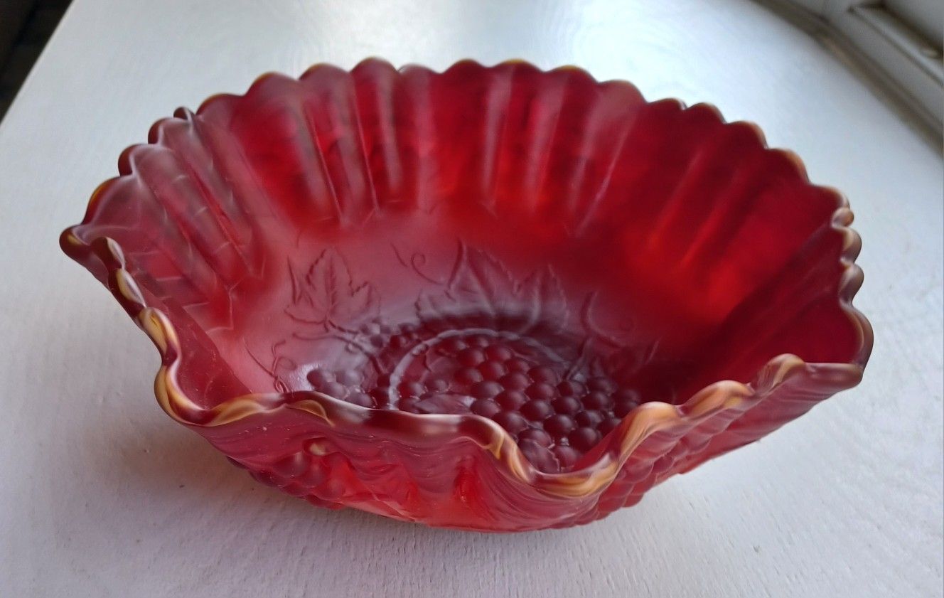 Vintage Imperial Glass blood red satin slag ruffled bowl...grape and cable pattern.