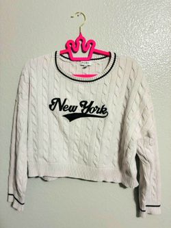 Fifth Sun Women’s M White Cable Knit Crewneck New York Embroidered Sweater