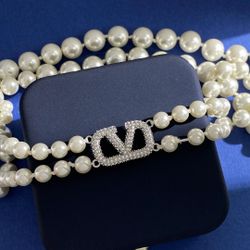 Valentino Hollow Letter Double Pearl Chain Stacking Necklace