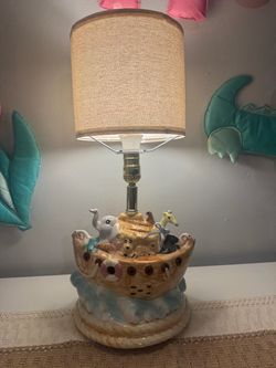 RARE 1970s Vintage Noah’s Ark Nursery Lamp + Matching Wall Décor