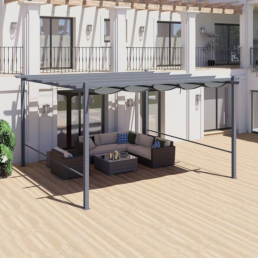 10x13 Ft Pergola Replacement Canopy- Retractable Sun Shade Cover with Water-Resistant & UPF 50+ UV Blocking for Outdoor Patio, Grey