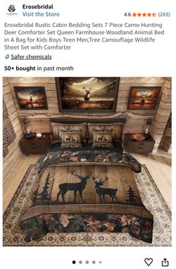 7 Pcs Comforter Set Queen, Whitetail Deer Sheet Set Bed in A Bag, Stag Countryside Rural Hunting Theme Comforter Set