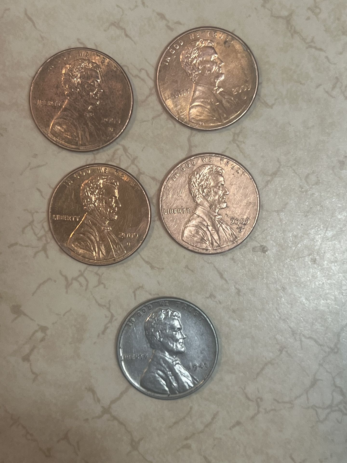 All 4 Lincoln Memorial Pennies + 1943 Steel Pennie