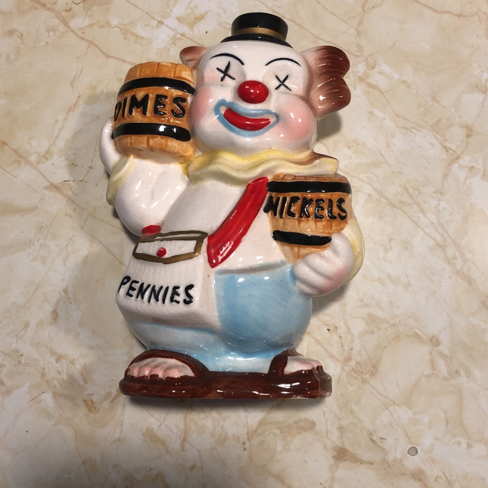 1968, 6.5” DIMES, NICKELS, PENNIES CLOWN COIN BANK