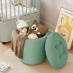 Round Ottoman with Storage, Sherpa Vanity Stool, 18.5" Small Ottoman Dorm, Foot Stools, Upholstered Ottoman Foot Rest for Living Room & Bedroom (Match