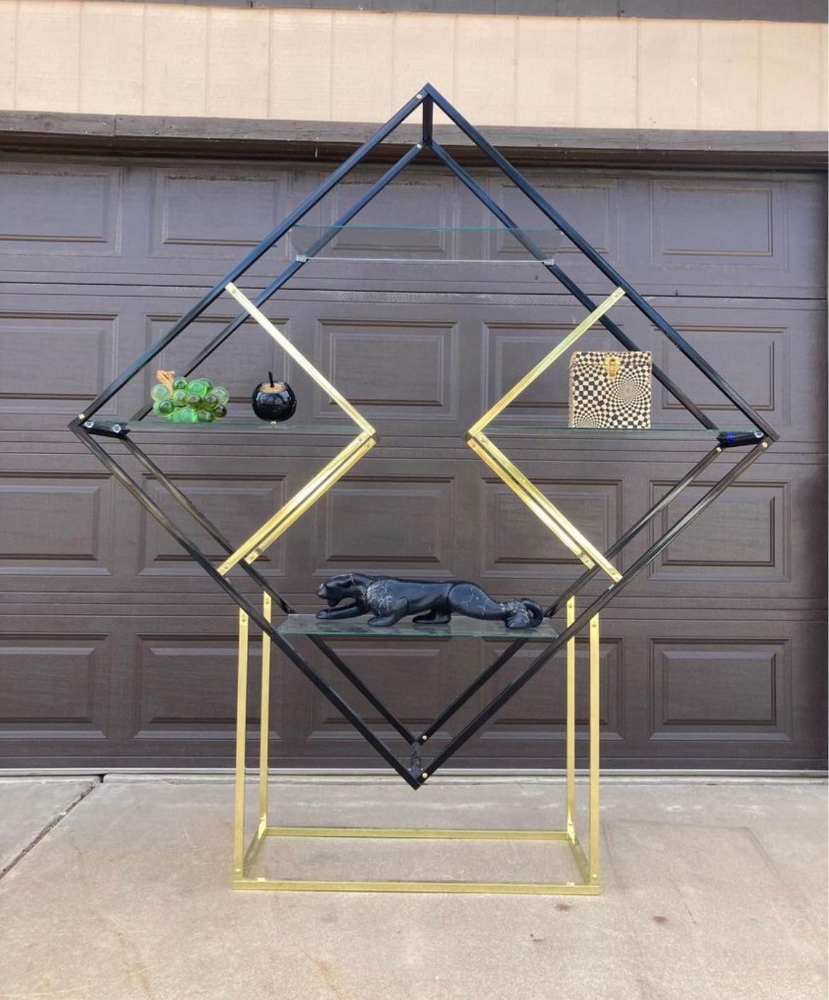 Milo Baughman Post Modern Diamond Black Lacquer And Gold Etagere
