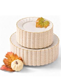 Paquete 100 platos desechables festoneados color marfil y dorado (38% más grueso) 40 platos de cena y 40 platos de postre, vajilla de plástico de alta