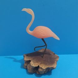 Vintage John Perry Pink Flamingo On Burl Wood Sculpture Nautical Decor 6” Tall.