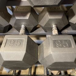  PAIR  OF  95 LB.  RUBBER HEX  REP FITNESS  DUMBBELLS  • RUBBER : 90s 70s 60s 50s 45s 40s 35s 30s 25s 15s 10s  5s   ALSO AVAILABLE 