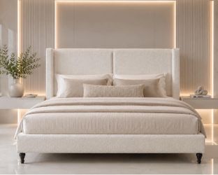 King Platform Bed with Tall Bouclé Headboard, Solid Wood Legs, Modern Luxury Design (white) NEW J-11