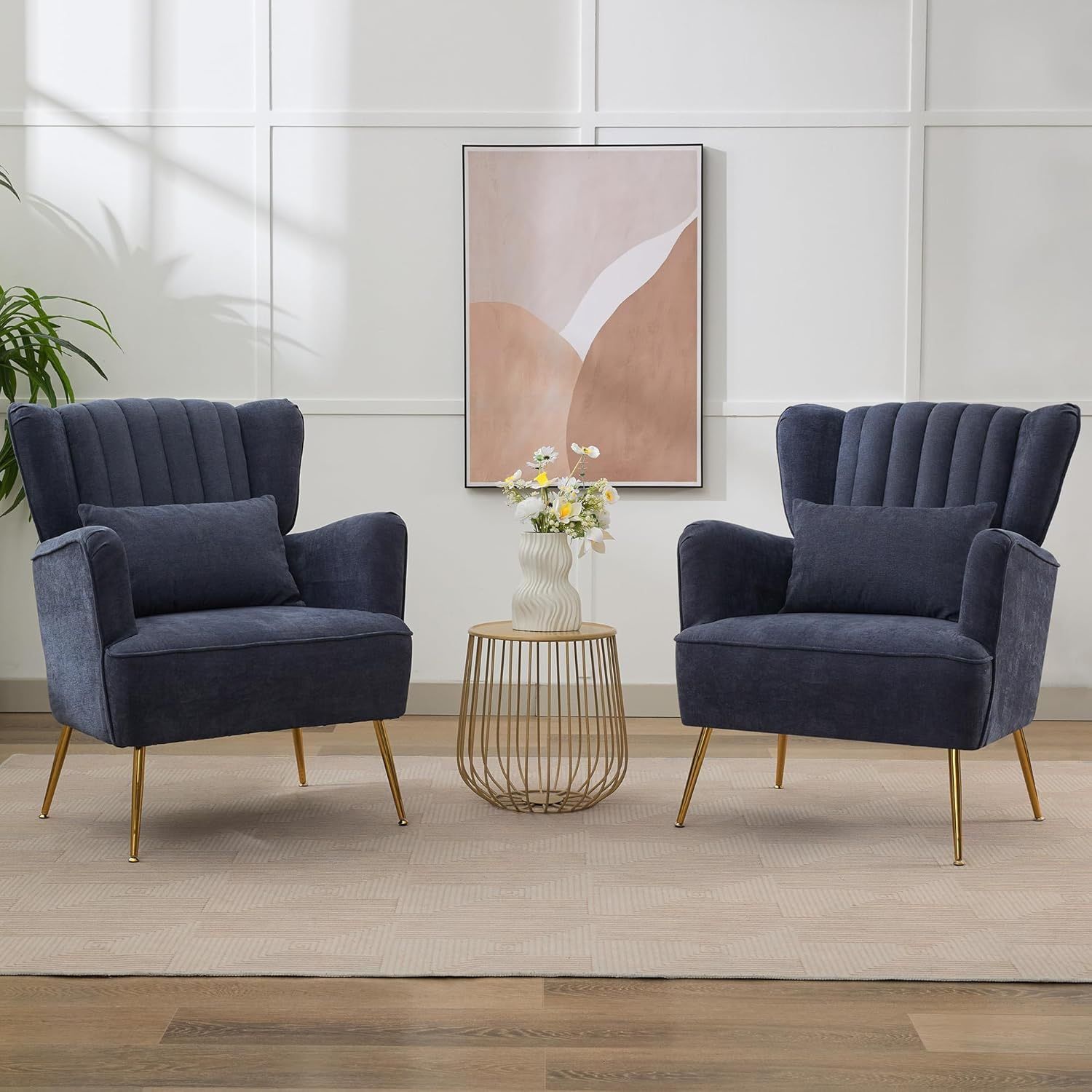 Fabric Accent Living Room Arm Chair Set of 2 Mid Century Modern Chairs with Pillow & Golden Legs, 8.5" Thick Cushion, Upholstered Comfy Sofa Armchair