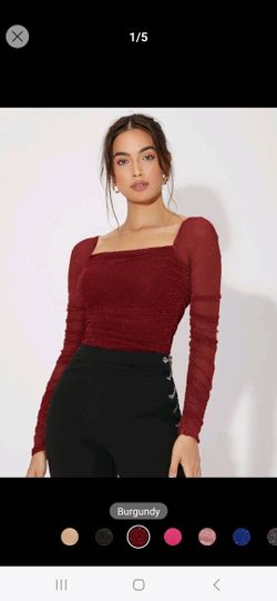 SHEIN Privé Mesh Panel Ruched Glitter Top