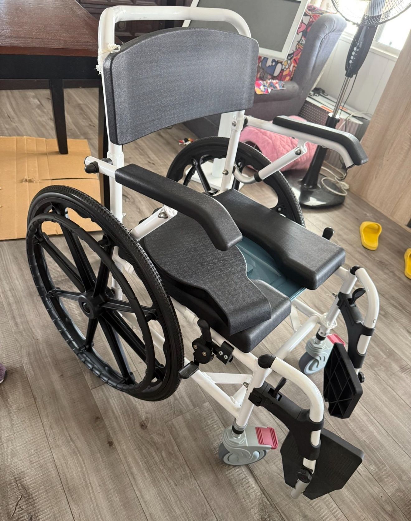 Rolling Shower Chair Wheelchair Height Adjustable with Removable Toilet with Removable Armrests