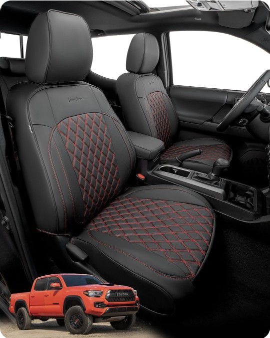 Seat Protection for Toyota Tacoma 2016-2023, Premium Waterproof Faux Leather Set, Compatible with Crew/Double Cab Models, Car Accessories, Black and R