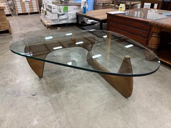 Modern Triangular Glass Top Coffee Table with Abstract Wooden Base