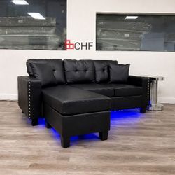 Reversible Sectional Sofa Chaise with LED Light,USB Port,Nailhead Trim,Throw Pillows,Tufted Cushion