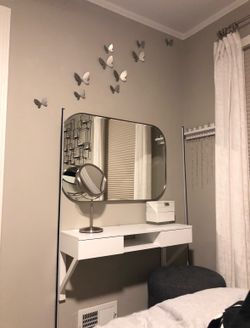 Crate and barrel mirror + wall mounted vanity + ottoman set