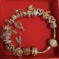 AUTHENTIC 14k ROSE GOLD PLATED PANDORA BRACELET WITH CHARMS