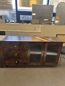 66” Stylish Fluted Glass Door Sideboard Cabinet – Modern Wooden Side Cabinet with Glass Doors - Display & Storage brand new in box  $99  rustic brown 