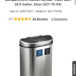 Nine Stars Stainless Steel Dual-Compartment Motion Sensor Trash Can