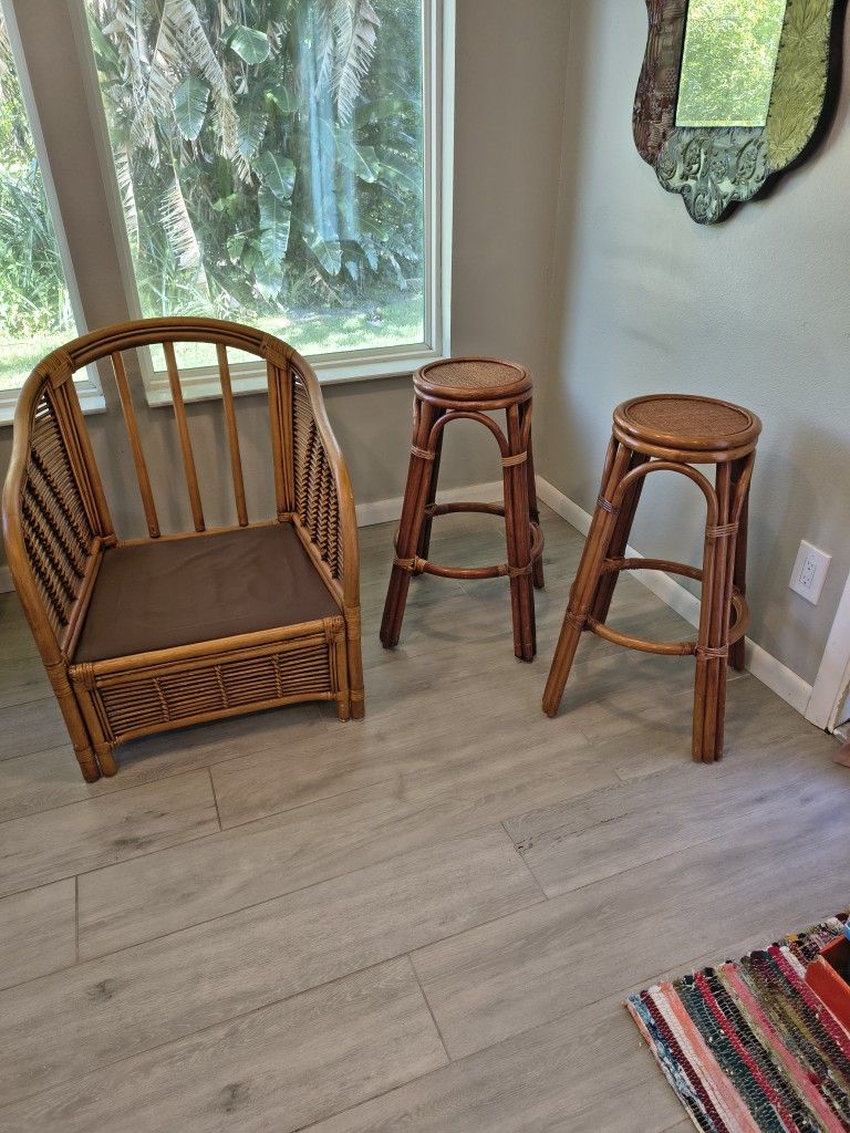 Vintage Rattan Lounge Chair And Stools