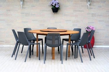 BRAND NEW 7 Piece Round 100% FSC Certified Solid Wood Table With Grey Chairs Dining Set | Outdoor & Patio | All-Weather | Delivery Available